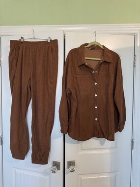 Corduroy Button-Front Jacket & Jogger Set - Brown